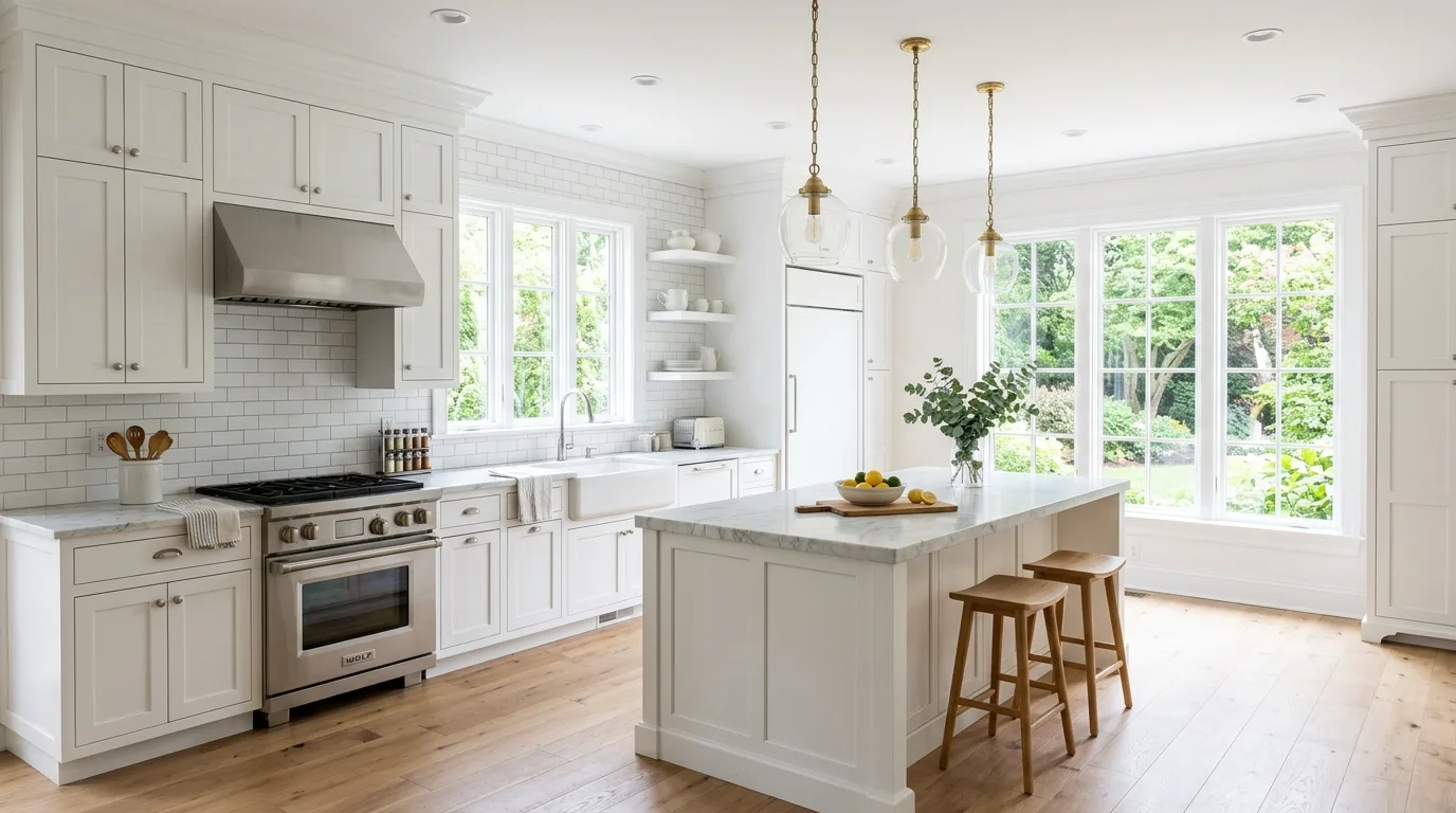 Bright white kitchen with timeless finishes and clean layered styling.